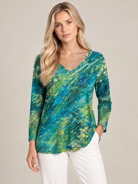 2/$30 Additions by Chico's Artsy Watercolor V-Neck Long Sleeve Tee 16 #A6237